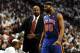 MIAMI, FL - APRIL 28: Guard Baron Davis #85 (R) of the New York Knicks chats with his Coach Mike Woodson while playing against the Miami Heat in Game One of the Eastern Conference Quarterfinals in the 2012 NBA Playoffs on April 28, 2012 at the American Airines Arena in Miami, Florida. NOTE TO USER: User expressly acknowledges and agrees that, by downloading and or using this photograph, User is consenting to the terms and conditions of the Getty Images License Agreement. (Photo by Marc Serota/Getty Images)