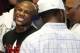 LAS VEGAS, NV - APRIL 24: Boxer Floyd Mayweather Jr. interacts with rapper Curtis '50 Cent' Jackson as Floyd trains in front of the media at Mayweather Boxing Gym on April 24, 2012 in Las Vegas, Nevada. (Photo by Jeff Bottari/Getty Images)