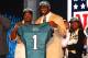 NEW YORK, NY - APRIL 26: Fletcher Cox of Mississippi State holds up a jersey as poses for a photo on stage with family after he was selected #12 overall by the Philadelphia Eagles in the first round of the 2012 NFL Draft at Radio City Music Hall on April 26, 2012 in New York City. (Photo by Al Bello/Getty Images)
