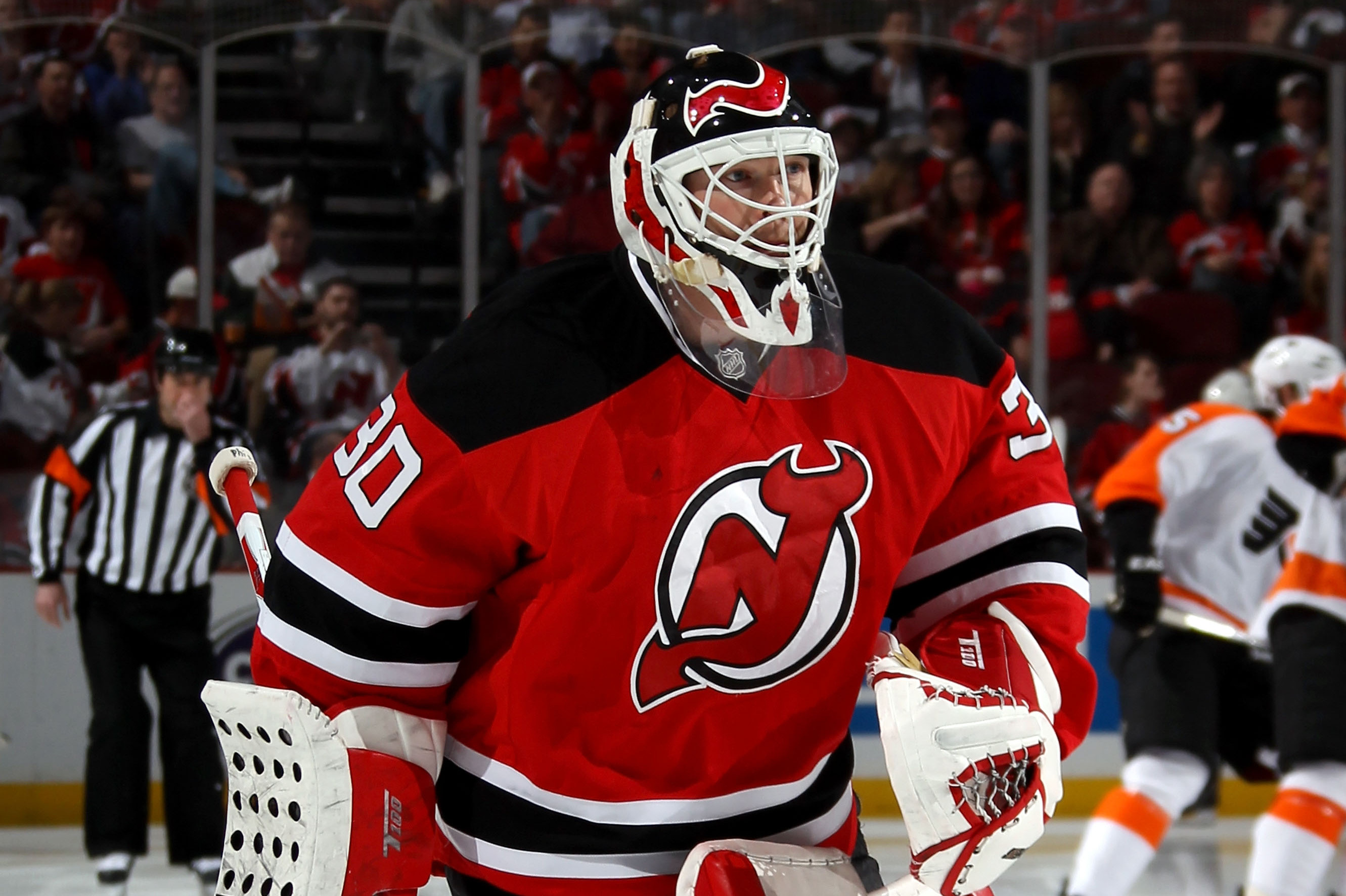 New Jersey Devils goalie Martin Brodeur scores his first NHL goal