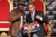 HOLLYWOOD, CA - MARCH 01: Floyd Mayweather and Miguel Cotto pose at a press conference to promote their upcoming fight on May 5 at the MGM Grand in Las Vegas at Grauman's Chinese Theatre on March 1, 2012 in Hollywood, California. (Photo by Jeff Gross/Getty Images)