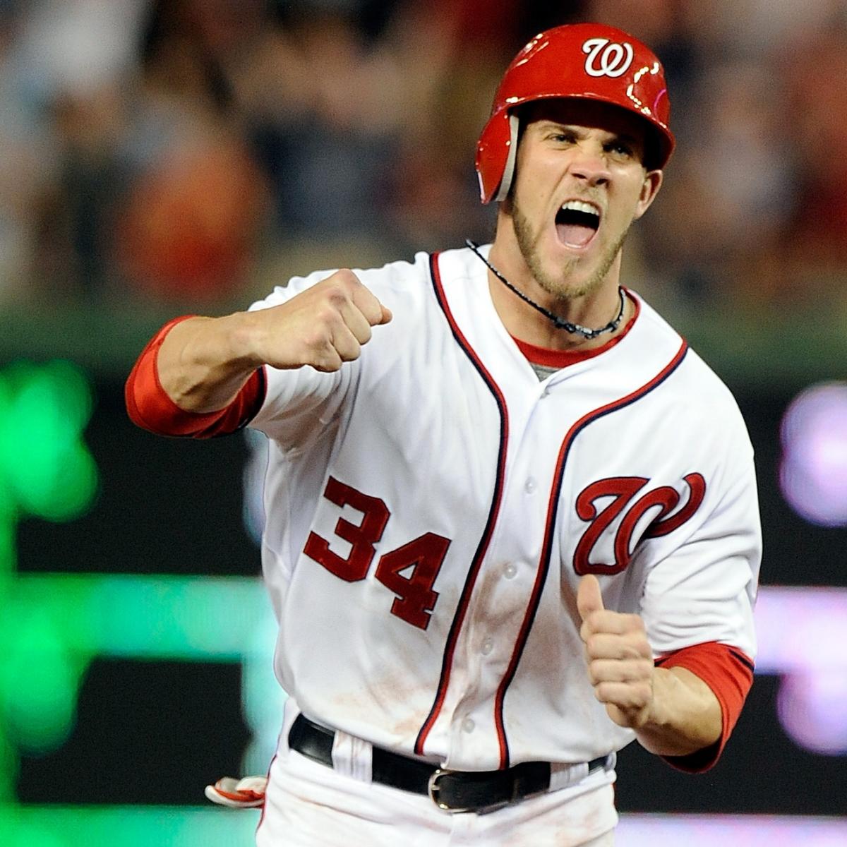 Washington Nationals left fielder Bryce Harper (34) gets tagged