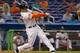 MIAMI, FL - APRIL 29: Giancarlo Stanton #27 of the Miami Marlins hits a home run in the ninth inning during a game against the Arizona Diamondbacks at Marlins Park on April 29, 2012 in Miami, Florida. The Arizona Diamondbacks defeated the Miami Marlins 8-4. (Photo by Sarah Glenn/Getty Images)