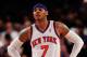 NEW YORK, NY - MAY 03: Carmelo Anthony #7 of the New York Knicks looks on against the Miami Heat in Game Three of the Eastern Conference Quarterfinals in the 2012 NBA Playoffs on May 3, 2012 at Madison Square Garden in New York City. NOTE TO USER: User expressly acknowledges and agrees that, by downloading and or using this photograph, User is consenting to the terms and conditions of the Getty Images License Agreement. (Photo by Jeff Zelevansky/Getty Images)