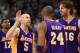 DENVER, CO - MAY 06: Steve Blake #5 of the Los Angeles Lakers celebrates his three point shot with 18 seconds remaining in the game against the Denver Nuggets with Kobe Bryant #24 of the Los Angeles Lakers and Pau Gasol #16 of the Los Angeles Lakers in Game Four of the Western Conference Quarterfinals in the 2012 NBA Playoffs at Pepsi Center on May 6, 2012 in Denver, Colorado. The Lakers defeated the Nuggets 92-88 to take a 3-1 lead in the series. NOTE TO USER: User expressly acknowledges and agrees that, by downloading and or using this photograph, User is consenting to the terms and conditions of the Getty Images License Agreement. (Photo by Doug Pensinger/Getty Images)