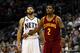 NEWARK, NJ - MARCH 19: (L-R) Deron Williams #8 of the New Jersey Nets and Kyrie Irving #2 of the Cleveland Cavaliers look on at Prudential Center on March 19, 2012 in Newark, New Jersey. NOTE TO USER: User expressly acknowledges and agrees that, by downloading and or using this photograph, User is consenting to the terms and conditions of the Getty Images License Agreement. (Photo by Chris Chambers/Getty Images)