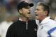 DETROIT - OCTOBER 16: Jim Harbaugh head coach of the San Francisco 49ers argues with Jim Schwartz of the Detroit Lions during the NFL game at Ford Field on October 16, 2011 in Detroit, Michigan. The 49ers defeated the Lions 25-19. (Photo by Leon Halip/Getty Images)
