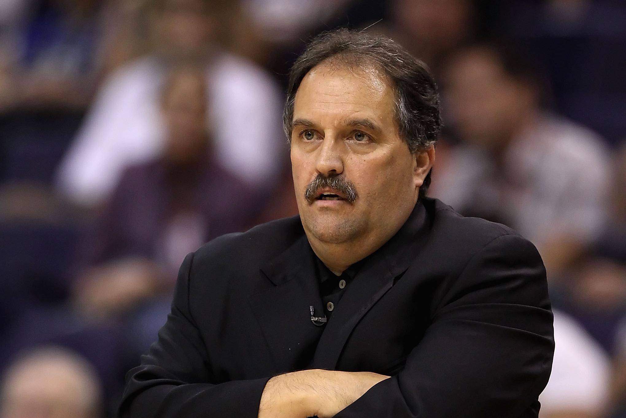 Orlando Magic head coach Stan Van Gundy reacts to a referee's call against  the Magic during their 90-89 loss to the Detroit Pistons in Game 4 of the  NBA Eastern Conference semi-finals