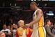 LOS ANGELES, CA - APRIL 22: Metta World Peace #15 of the Los Angeles Lakers leaves the court after being ejected for hitting James Harden #13 of the Oklahoma City Thunder at Staples Center on April 22, 2012 in Los Angeles, California. The Lakers won 114-106 in double overtime. NOTE TO USER: User expressly acknowledges and agrees that, by downloading and or using this photograph, User is consenting to the terms and conditions of the Getty Images License Agreement. (Photo by Stephen Dunn/Getty Images)