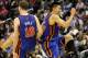 WASHINGTON, DC - FEBRUARY 08: Jeremy Lin #17 of the New York Knicks and Steve Novak #16 celebrate during a timeout against the Washington Wizards during the second half at Verizon Center on February 8, 2012 in Washington, DC. NOTE TO USER: User expressly acknowledges and agrees that, by downloading and or using this photograph, User is consenting to the terms and conditions of the Getty Images License Agreement. (Photo by Rob Carr/Getty Images)