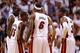 MIAMI, FL - MAY 15: Joel Anthony #50, Mario Chalmers #15, LeBron James #6, Shane Battier #31, and Dwyane Wade #3 of the Miami Heat talk during Game Two of the Eastern Conference Semifinals in the 2012 NBA Playoffs against the Indiana Pacers at AmericanAirlines Arena on May 15, 2012 in Miami, Florida. NOTE TO USER: User expressly acknowledges and agrees that, by downloading and/or using this Photograph, User is consenting to the terms and conditions of the Getty Images License Agreement. (Photo by Mike Ehrmann/Getty Images)