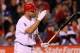 ANAHEIM, CA - MAY 04: Albert Pujols #5 of the Los Angeles Angels of Anaheim reacts after striking out to end the sixth inning against the Toronto Blue Jays at Angel Stadium of Anaheim on May 4, 2012 in Anaheim, California. (Photo by Stephen Dunn/Getty Images)