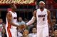 MIAMI, FL - MAY 15: LeBron James #6 and Dwyane Wade #3 of the Miami Heat high-five during Game Two of the Eastern Conference Semifinals in the 2012 NBA Playoffs against the Indiana Pacers at AmericanAirlines Arena on May 15, 2012 in Miami, Florida. NOTE TO USER: User expressly acknowledges and agrees that, by downloading and/or using this Photograph, User is consenting to the terms and conditions of the Getty Images License Agreement. (Photo by Mike Ehrmann/Getty Images)