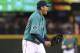SEATTLE, WA - MAY 21: Starting pitcher Felix Hernandez #34 of the Seattle Mariners reacts after getting the final out of the eighth inning against the Texas Rangers at Safeco Field on May 21, 2012 in Seattle, Washington. (Photo by Otto Greule Jr/Getty Images)