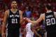 LOS ANGELES, CA - MAY 20: Tim Duncan #21 and Manu Ginobili #20 of the San Antonio Spurs celebrate late in the fourth quarter against the Los Angeles Clippers in Game Four of the Western Conference Semifinals in the 2012 NBA Playoffs on May 20, 2011 at Staples Center in Los Angeles, California. NOTE TO USER: User expressly acknowledges and agrees that, by downloading and or using this photograph, User is consenting to the terms and conditions of the Getty Images License Agreement. (Photo by Harry How/Getty Images)