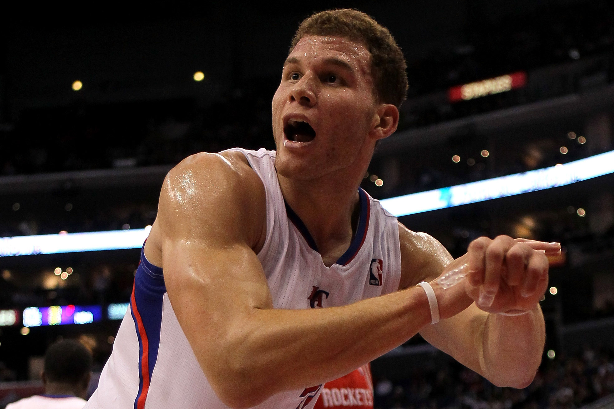 Los Angeles Clippers forward Blake Griffin waits to shoot a foul shot as  Clippers play the Charlotte Bobcats in Charlotte, North Carolina on  February 11, 2012. The teams wore the throw-back uniforms