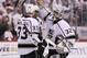 GLENDALE, AZ - MAY 22: Willie Mitchell #33, Anze Kopitar #11 and goaltender Jonathan Quick #32 of the Los Angeles Kings celebrate the Kings 4-3 overtime victory against the Phoenix Coyotes in Game Five of the Western Conference Final during the 2012 NHL Stanley Cup Playoffs at Jobing.com Arena on May 22, 2012 in Phoenix, Arizona. (Photo by Jeff Gross/Getty Images)