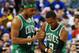 PHILADELPHIA, PA - MAY 23: Paul Pierce #34 of the Boston Celtics talks with teammate Rajon Rondo #9 during the game against the Philadelphia 76ers in Game Six of the Eastern Conference Semifinals in the 2012 NBA Playoffs at the Wells Fargo Center on May 23, 2012 in Philadelphia, Pennsylvania. NOTE TO USER: User expressly acknowledges and agrees that, by downloading and or using this photograph, User is consenting to the terms and conditions of the Getty Images License Agreement. (Photo by Drew Hallowell/Getty Images)