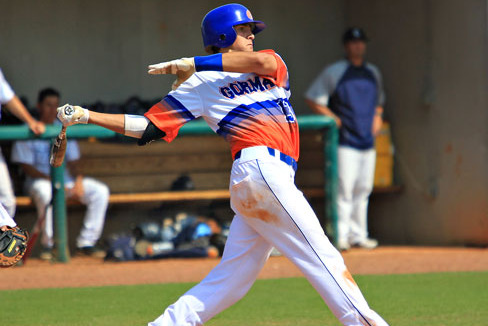 Bishop Gorman's Joey Gallo fires the ball to first base to make