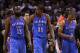 SAN ANTONIO, TX - MAY 27: (L-R) James Harden #13, Kevin Durant #35 and Russell Westbrook #0 of the Oklahoma City Thunder walk off the court after losing 101-98 to the San Antonio Spurs in Game One of the Western Conference Finals of the 2012 NBA Playoffs at AT&T Center on May 27, 2012 in San Antonio, Texas. NOTE TO USER: User expressly acknowledges and agrees that, by downloading and or using this photograph, user is consenting to the terms and conditions of the Getty Images License Agreement. (Photo by Ronald Martinez/Getty Images)