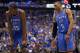 DALLAS, TX - MAY 25: Kevin Durant #35 and Russell Westbrook #0 of the Oklahoma City Thunder stand next to each other on the court in the fourth quarter while taking on the Dallas Mavericks in Game Five of the Western Conference Finals during the 2011 NBA Playoffs at American Airlines Center on May 25, 2011 in Dallas, Texas. NOTE TO USER: User expressly acknowledges and agrees that, by downloading and or using this photograph, User is consenting to the terms and conditions of the Getty Images License Agreement. (Photo by Ronald Martinez/Getty Images)