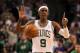 BOSTON, MA - JUNE 01: Rajon Rondo #9 of the Boston Celtics calls a play as he brings the ball up court against the Miami Heat in Game Three of the Eastern Conference Finals in the 2012 NBA Playoffs on June 1, 2012 at TD Garden in Boston, Massachusetts. NOTE TO USER: User expressly acknowledges and agrees that, by downloading and or using this photograph, User is consenting to the terms and conditions of the Getty Images License Agreement. (Photo by Jim Rogash/Getty Images)
