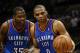 SAN ANTONIO, TX - JUNE 04: Kevin Durant #35 of the Oklahoma City Thunder talks with Russell Westbrook #0 against the San Antonio Spurs in Game Five of the Western Conference Finals of the 2012 NBA Playoffs at AT&T Center on June 4, 2012 in San Antonio, Texas. NOTE TO USER: User expressly acknowledges and agrees that, by downloading and or using this photograph, user is consenting to the terms and conditions of the Getty Images License Agreement. (Photo by Ronald Martinez/Getty Images)