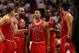 MIAMI, FL - MAY 24: (L-R) Kyle Korver #26, Carlos Boozer #5, Derrick Rose #1, Luol Deng #9 and Joakim Noah #13 of the Chicago Bulls talk on court against the Miami Heat in Game Four of the Eastern Conference Finals during the 2011 NBA Playoffs on May 24, 2011 at American Airlines Arena in Miami, Florida. The Heat won 101-93 in overtime. NOTE TO USER: User expressly acknowledges and agrees that, by downloading and or using this photograph, User is consenting to the terms and conditions of the Getty Images License Agreement. (Photo by Marc Serota/Getty Images)