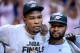 OKLAHOMA CITY, OK - JUNE 06: Kevin Durant #35 and Lazar Hayward #11 of the Oklahoma City Thunder look on after defeating the San Antonio Spurs to win the Western Conference Finals of the 2012 NBA Playoffs at Chesapeake Energy Arena on June 6, 2012 in Oklahoma City, Oklahoma. NOTE TO USER: User expressly acknowledges and agrees that, by downloading and or using this photograph, User is consenting to the terms and conditions of the Getty Images License Agreement. (Photo by Ronald Martinez/Getty Images)