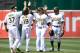 A's celebrate a series win over the Rangers