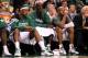 BOSTON, MA - JUNE 07: (L-R) Paul Pierce #34, Kevin Garnett #5 and Ray Allen #20 of the Boston Celtics look on dejected from the bench in the fourth quarter against the Miami Heat in Game Six of the Eastern Conference Finals in the 2012 NBA Playoffs on June 7, 2012 at TD Garden in Boston, Massachusetts. NOTE TO USER: User expressly acknowledges and agrees that, by downloading and or using this photograph, User is consenting to the terms and conditions of the Getty Images License Agreement. (Photo by Jim Rogash/Getty Images)