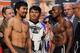 LAS VEGAS, NV - JUNE 08: Boxers Manny Pacquiao (L) and Timothy Bradley (R) pose during the official weigh-in for their bout at the MGM Grand Garden Arena on June 8, 2012 in Las Vegas, Nevada. Pacquiao will defend his WBO welterweight title against Bradley on June 9 in Las Vegas. (Photo by Kevork Djansezian/Getty Images)