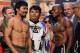 LAS VEGAS, NV - JUNE 08: Boxers Manny Pacquiao (L) and Timothy Bradley (R) pose during the official weigh-in for their bout at the MGM Grand Garden Arena on June 8, 2012 in Las Vegas, Nevada. Pacquiao will defend his WBO welterweight title against Bradley on June 9 in Las Vegas. (Photo by Kevork Djansezian/Getty Images)