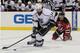 NEWARK, NJ - JUNE 09: Justin Williams #14 of the Los Angeles Kings skates with the puck against the New Jersey Devils during Game Five of the 2012 NHL Stanley Cup Final at the Prudential Center on June 9, 2012 in Newark, New Jersey. (Photo by Elsa/Getty Images)