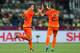 KHARKOV, UKRAINE - JUNE 13: Robin van Persie of Netherlands celebrates scoring their first goal with Rafael van der Vaart of Netherlands during the UEFA EURO 2012 group B match between Netherlands and Germany at Metalist Stadium on June 13, 2012 in Kharkov, Ukraine. (Photo by Julian Finney/Getty Images)
