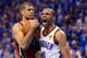 OKLAHOMA CITY, OK - JUNE 12: (R-L) Russell Westbrook #0 of the Oklahoma City Thunder reacts alongside Shane Battier #31 of the Miami Heat in the first half in Game One of the 2012 NBA Finals at Chesapeake Energy Arena on June 12, 2012 in Oklahoma City, Oklahoma. NOTE TO USER: User expressly acknowledges and agrees that, by downloading and or using this photograph, User is consenting to the terms and conditions of the Getty Images License Agreement. (Photo by Ronald Martinez/Getty Images)