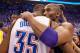 OKLAHOMA CITY - APRIL 30: Kobe Bryant #24 of the Los Angeles Lakers hugs Kevin Durant #35 of the Oklahoma City Thunder after after the Lakers won Game Six of the Western Conference Quarterfinals of the 2010 NBA Playoffs on April 30, 2010 at the Ford Center in Oklahoma City, Oklahoma. The Lakers beat the Thunder 95-94. NOTE TO USER: User expressly acknowledges and agrees that, by downloading and or using this photograph, User is consenting to the terms and conditions of the Getty Images License Agreement. (Photo by Dilip Vishwanat/Getty Images)