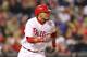 PHILADELPHIA - APRIL 28: Second baseman Freddy Galvis #13 of the Philadelphia Phillies runs to first base during a game against the Chicago Cubs at Citizens Bank Park on April 28, 2012 in Philadelphia, Pennsylvania. The Phillies won 5-2. (Photo by Hunter Martin/Getty Images)