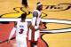 MIAMI, FL - JUNE 19: (L-R) Dwyane Wade #3 and LeBron James #6 of the Miami Heat react against the Oklahoma City Thunder in Game Four of the 2012 NBA Finals on June 19, 2012 at American Airlines Arena in Miami, Florida. NOTE TO USER: User expressly acknowledges and agrees that, by downloading and or using this photograph, User is consenting to the terms and conditions of the Getty Images License Agreement. (Photo by Ronald Martinez/Getty Images)