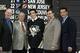 NASHVILLE, TN - JUNE 21: (L to R) Craig Patrick, Executive Vice-President and General Manager, Greg Malone, head scout, first overall pick Marc-Andre Fleury, Ed Johnston, Assistant General Manager and new head coach Eddie Olczyk of the Pittsburgh Pennguins pose for a portrait on stage during the 2003 NHL Entry Draft at the Gaylord Entertainment Center on June 21, 2003 in Nashville, Tennessee. (Photo by Elsa/Getty Images/NHLI)