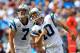 CHARLOTTE, NC - SEPTEMBER 25: Olindo Mare #10 of the Carolina Panthers and Jason Baker #7 during their game against the Jacksonville Jaguars at Bank of America Stadium on September 25, 2011 in Charlotte, North Carolina. (Photo by Streeter Lecka/Getty Images)