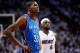 MIAMI, FL - JUNE 21: Kevin Durant #35 of the Oklahoma City Thunder and LeBron James #6 of the Miami Heat look on in the first quarter of Game Five of the 2012 NBA Finals on June 21, 2012 at American Airlines Arena in Miami, Florida. NOTE TO USER: User expressly acknowledges and agrees that, by downloading and or using this photograph, User is consenting to the terms and conditions of the Getty Images License Agreement. (Photo by Ronald Martinez/Getty Images)