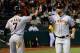 Brandon Belt celebrates another big hit for the Giants.