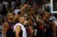 BEIJING - AUGUST 22: (L-R) Carlos Boozer, Jason Kidd, Chris Paul, LeBron James and Dwight Howard of the United States huddle with their teammates after they defeated Argentina during a men's semifinal baketball game at the Wukesong Indoor Stadium on Day 14 of the Beijing 2008 Olympic Games on August 22, 2008 in Beijing, China. (Photo by Jed Jacobsohn/Getty Images)
