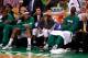 BOSTON, MA - JUNE 07: Paul Pierce #34, Rajon Rondo #9 and Kevin Garnett #5 of the Boston Celtics look on from the bench late in the fourth quarter against the Miami Heat in Game Six of the Eastern Conference Finals in the 2012 NBA Playoffs on June 7, 2012 at TD Garden in Boston, Massachusetts. NOTE TO USER: User expressly acknowledges and agrees that, by downloading and or using this photograph, User is consenting to the terms and conditions of the Getty Images License Agreement. (Photo by Jared Wickerham/Getty Images)