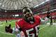 ATLANTA, GA - NOVEMBER 27: Sean Weatherspoon #56 of the Atlanta Falcons celebrates after the game against the Minnesota Vikings at the Georgia Dome on November 27, 2011 in Atlanta, Georgia. (Photo by Scott Cunningham/Getty Images)