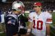 FOXBORO, MA - NOVEMBER 6: Tom Brady #12 of the New England Patriots congratulates Eli Manning #10 of the New York Giants after the New York Giants 24-20 win on November 6, 2011 in Foxboro, Massachusetts. (Photo by Jim Rogash/Getty Images)