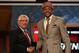 NEWARK, NJ - JUNE 28: Bradley Beal (R) of the Florida Gators greets NBA Commissioner David Stern (L) after he was selected number three overall by the Washington Wizards during the first round of the 2012 NBA Draft at Prudential Center on June 28, 2012 in Newark, New Jersey. NOTE TO USER: User expressly acknowledges and agrees that, by downloading and/or using this Photograph, user is consenting to the terms and conditions of the Getty Images License Agreement. (Photo by Elsa/Getty Images)