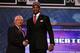 NEWARK, NJ - JUNE 28: Thomas Robinson (R) of the Kansas Jayhawks greets NBA Commissioner David Stern (L) after he was selected number five overall by the Sacramento Kings during the first round of the 2012 NBA Draft at Prudential Center on June 28, 2012 in Newark, New Jersey. NOTE TO USER: User expressly acknowledges and agrees that, by downloading and/or using this Photograph, user is consenting to the terms and conditions of the Getty Images License Agreement. (Photo by Elsa/Getty Images)