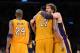 LOS ANGELES, CA - MAY 12: (R-L) Pau Gasol #16 hugs teammate Andrew Bynum #17 of the Los Angeles Lakers in the fourth quarter alongside Kobe Bryant #24 while taking on the Denver Nuggets in Game Seven of the Western Conference Quarterfinals in the 2012 NBA Playoffs on May 12, 2012 at Staples Center in Los Angeles, California. NOTE TO USER: User expressly acknowledges and agrees that, by downloading and or using this photograph, User is consenting to the terms and conditions of the Getty Images License Agreement. (Photo by Harry How/Getty Images)